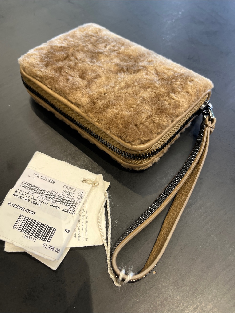 Brunello Cucinelli Faux shearlings Fur Zip Wristlet Wallet NWT